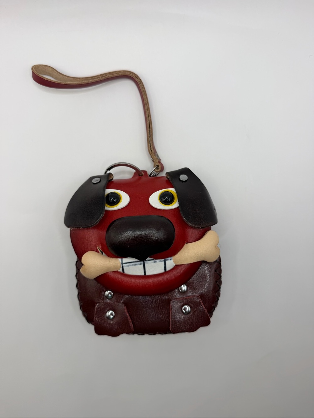 Genuine Leather Red Dog Holding Bone Coin Purse KeyChain Zip Close FoldOver Snap